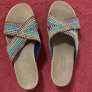 Skechers Women’s Rainbow Woven Crisscross Slide Wedges